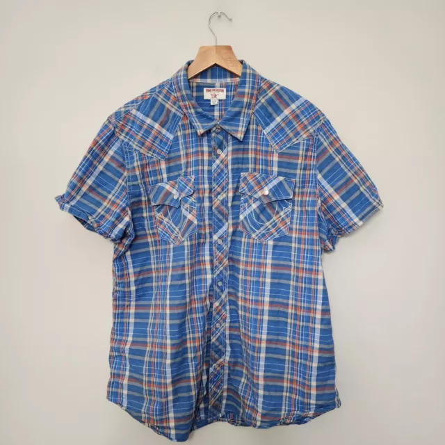 True Religion Shirt Men's XL Western Pearl Snap Up Blue Brown Plaid Short Sleeve