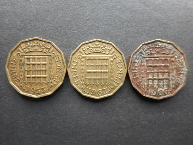 United Kingdom 3 Pence 1953-1966 Elizabeth II (Lot of 3 Coins)(KM# 886, KM# 900)