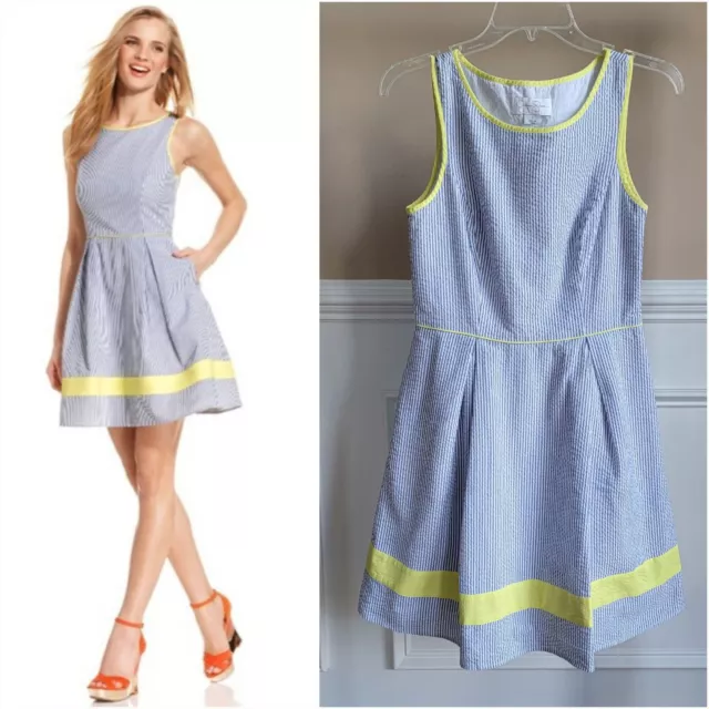 Jessica Simpson Dress Size 6 Fit Flare Blue White Seersucker Stripe Yellow Trim