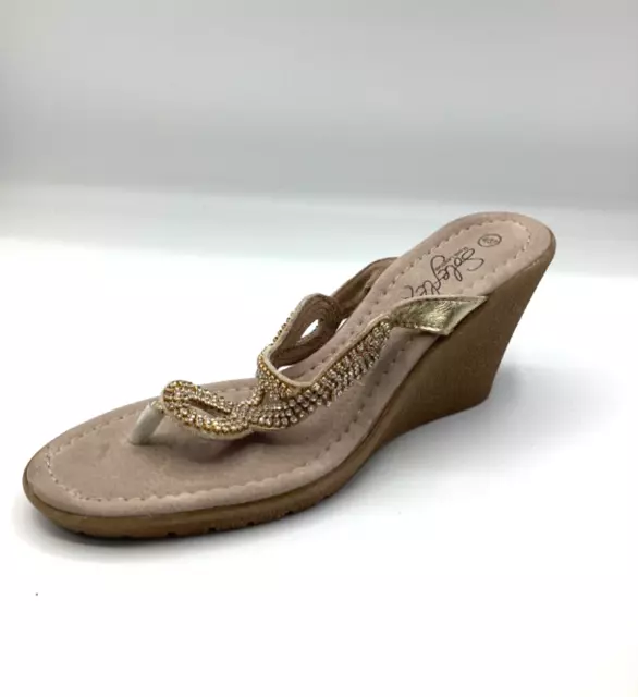 SOLEFLEX WOMENS LADIES Gold Leather High Wedge Heel Toe Post