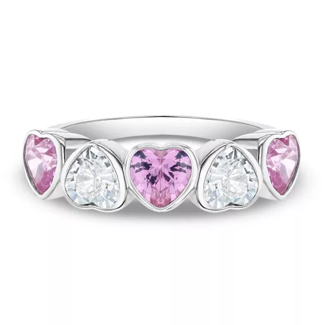 925 Sterling Silver Pink & Clear Hearts Cubic Zirconia Ring Band for Young Girls