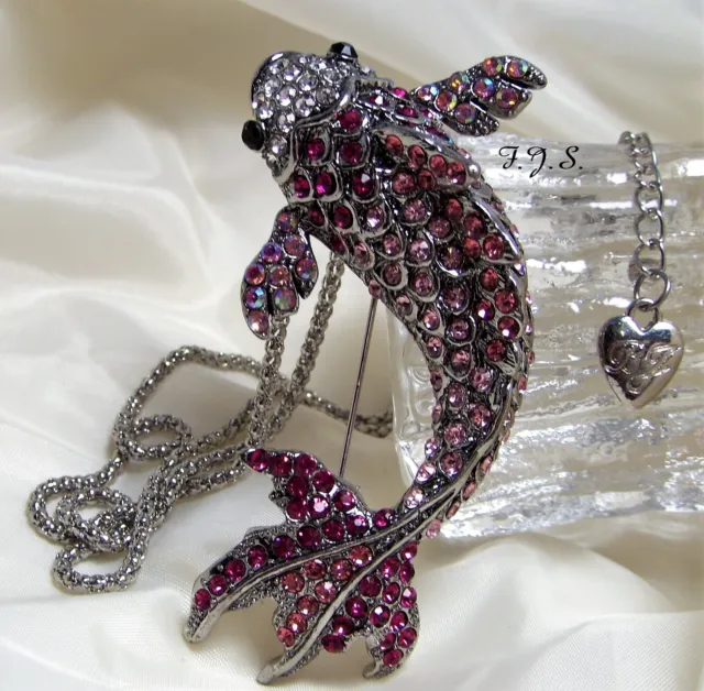 Betsey Johnson Necklace-Retro Style Pink Koi Fish Rhinestone Bling Pendant-Pin