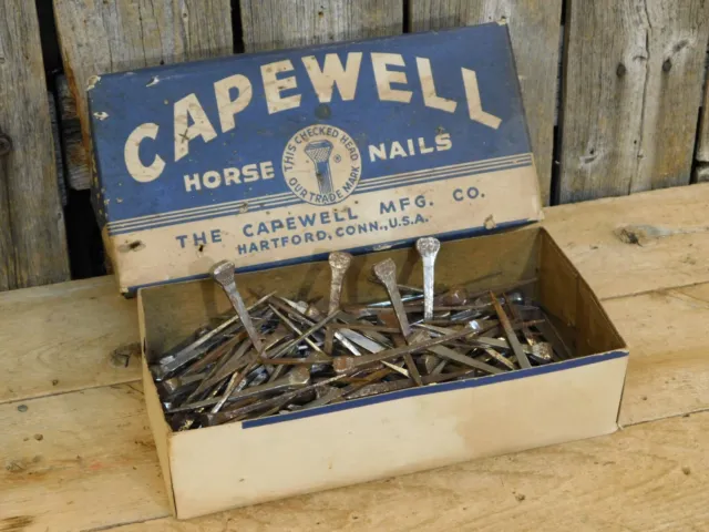 Antique Vintage Old Capewell Box of Horse Nails - Craft Projects Lot