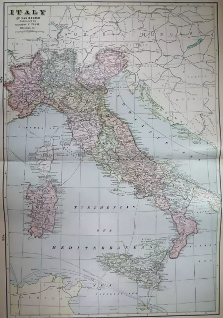 Old (Lg14x22) 1904 Cram's Atlas Map ~ ITALY ~ Free S&H ~Inv#314