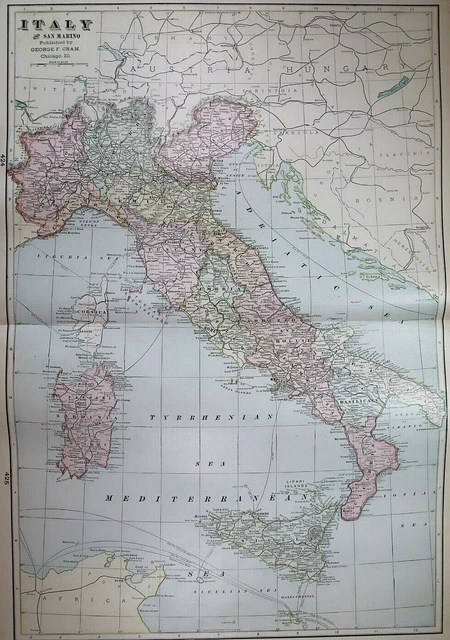 Old (Lg14x22) 1904 Cram's Atlas Map ~ ITALY ~ Free S&H ~Inv#314