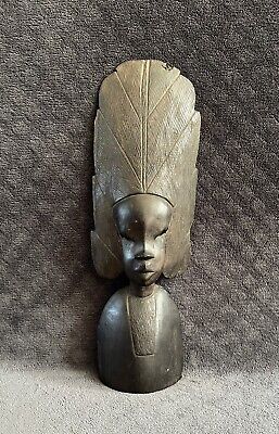 Antique Vintage African Ebony Wood Incised Hand Carved Tribal Bust Sculpture