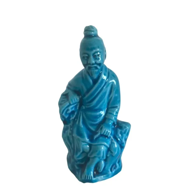 Antique Chinese Turquoise Blue Glazed Porcelain Statue Figurine of a Man Sitting