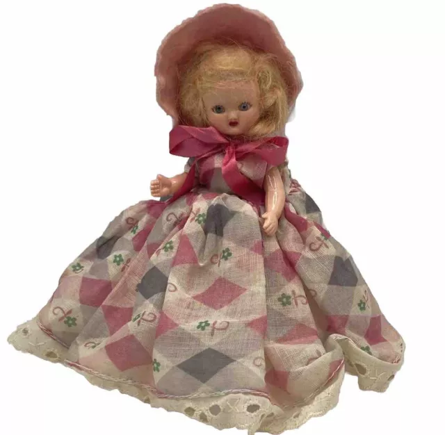 VTG 5” Hollywood Doll Strawberry Blonde Sleepy Eyes Pink Dress & Bonnet