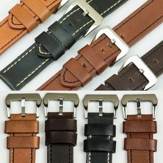 QUALITY VINTAGE CALF GENUINE LEATHER thick watch strap band 18mm-24mm black tan