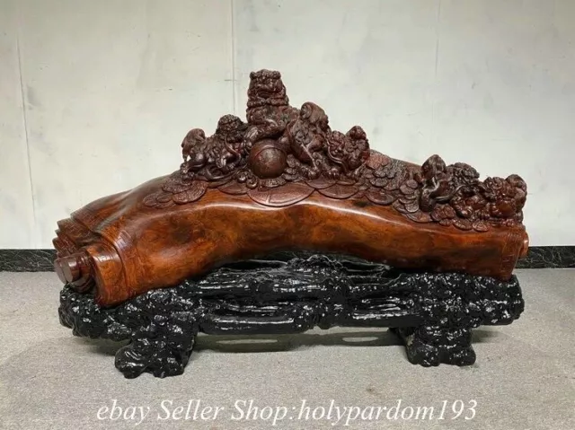 72.4" Old Chinese Padauk Red sandalwood Wood Carved Fengshui 5 Lion Ru Yi Statue