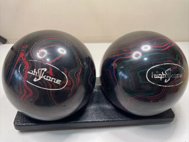 Pair of Vintage HIGH SCORE Duckpin Bowling Balls Black Red Green Blue Swirl