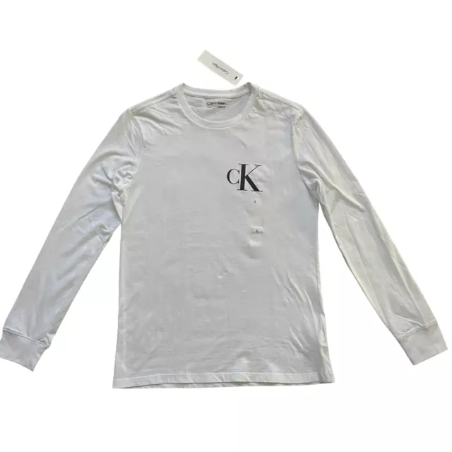 NWT Calvin Klein Mens All Cotton CK Logo Long Sleeve Crew Neck T-Shirt Tee White
