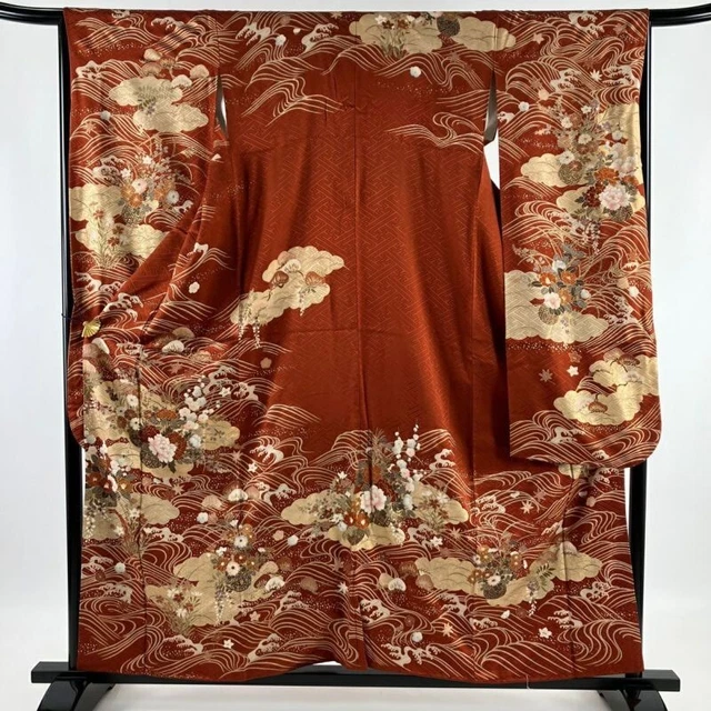 Japanese Kimono Furisode Pure Silk Flower Basket Wave Gold Paint Dark Red