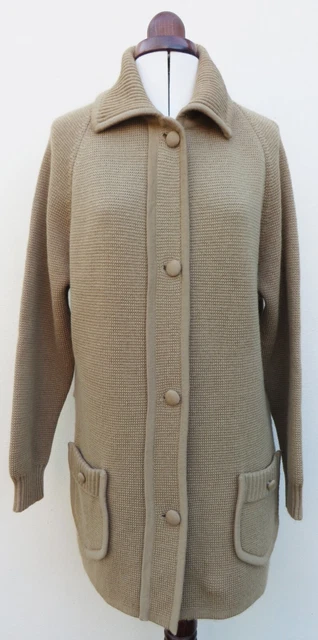 Coatigan vintage anni '70 ""House of Chesworth"" lana di cammello lavorato a maglia, taglia 40/102 cm