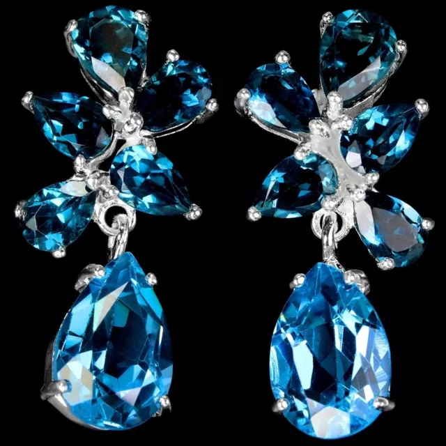 14.05 Ct. Genuine Aaa London Blue Topaz Pear Sterling 925 Silver Flower Earring