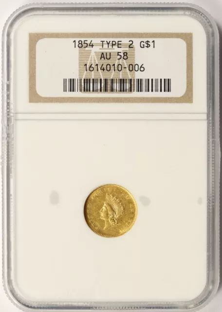 1854 Type 2 G$1 Gold Dollar NGC AU58
