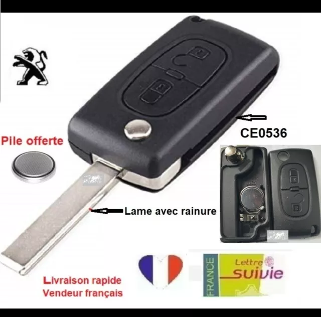 Coque CE0536 2 Boutons Clé AVEC RAINURE Télécommande PLIP Peugeot