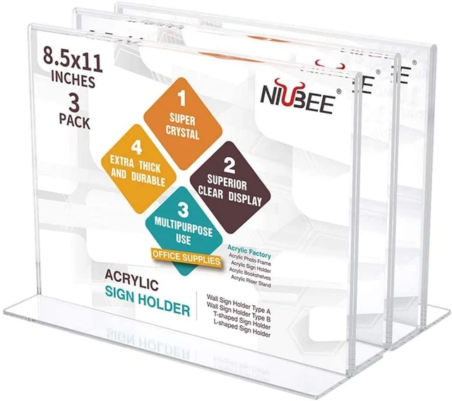 Acrylic Sign Holder 8.5X11 Inches 3 Pack Horizontal, T Shape Double Sided Clear
