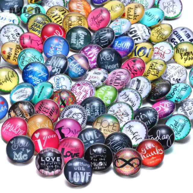 50pcs/lot Love Hope Family Theme Glass Charms 18mm Snap Button For Snap Jewelry