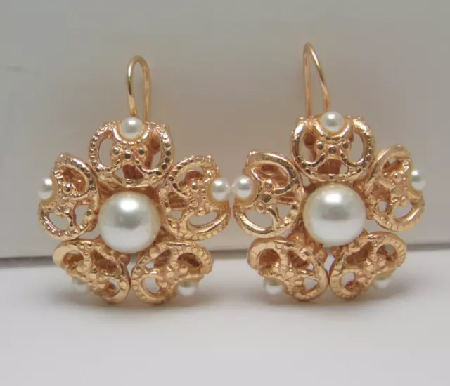 Orecchini donna pendenti fiore perle stile antico vintage anni 50 oro