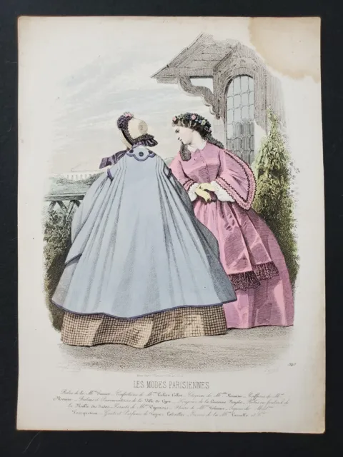 Fashion engraving Parisian fashion 19th century dresses by Mrs. Fauvet ribbon and flower