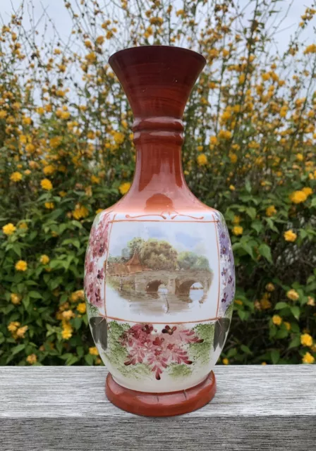 Unique Antique Victorian Vase Hand Painted Baluster Opalina Milk Glass 28cm