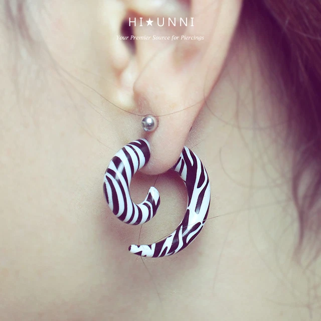 16g  Zebra spiral fake ear gauges, men ear plugs, cheater, faux gauge earrings