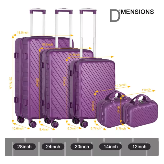 5 Piece Luggage Set ABS Hardshell Spinner Suitcase Lightweight w/TSA Lock Purple 2
