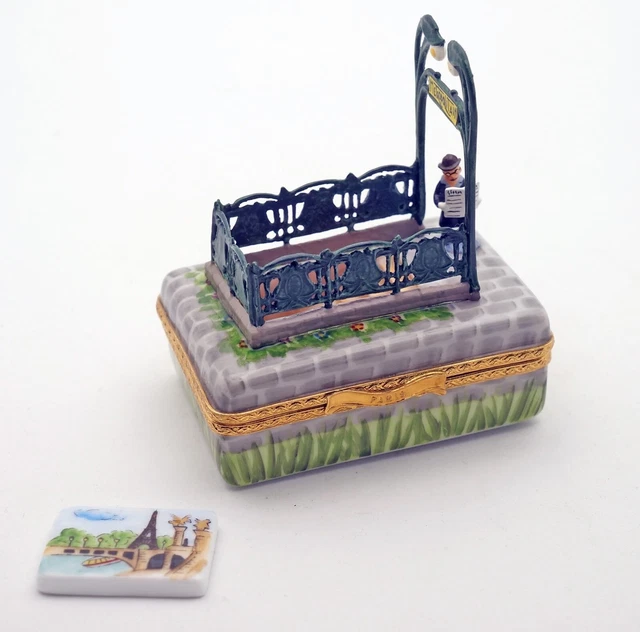 New French Limoges Trinket Box Man &Newspaper at Paris Metro Art Nouveau Station 3