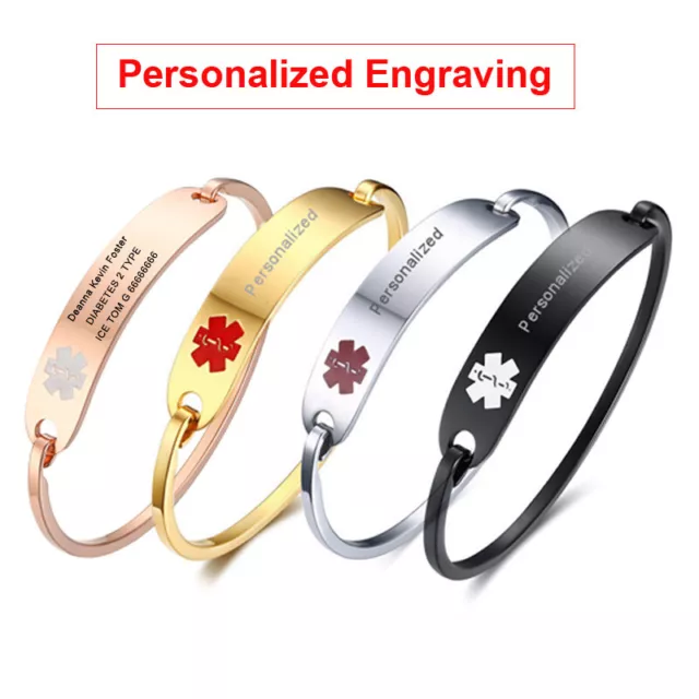Personalized Engraving Women Bracelet Medical Alert ID Bangle Stainless Steel