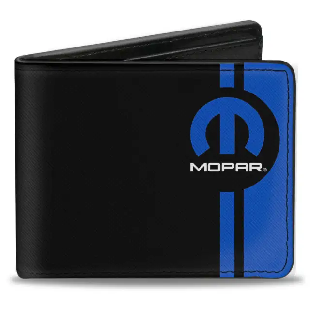 Mopar Blue Stripe Logo Black Vegan Leather Mens Bi-Fold Wallet Official Licensed