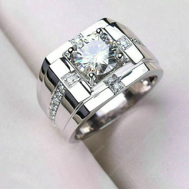 2 Ct Round Cut Simulated Diamond Men's Engagement  Ring 14K White Gold Plated