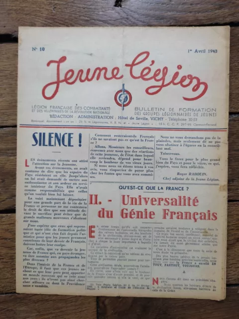 Rare, 1943, "Jeune Legion ",N°10,Ww2,Ousset,France,Ordre,Propagande,Rabouin,