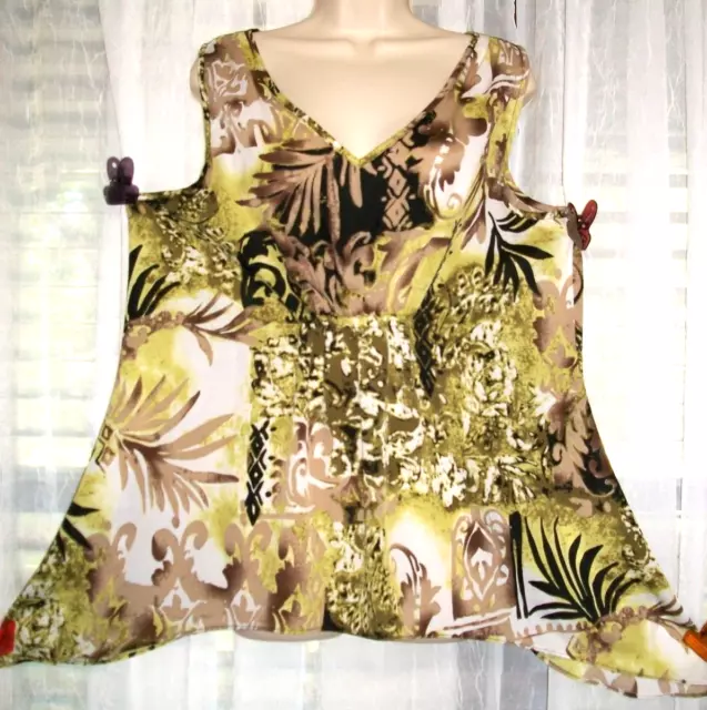 Serenade Sz Xl Lime Brown Tropical Floral Chiffon Blouse Tank Top~Longer Sides