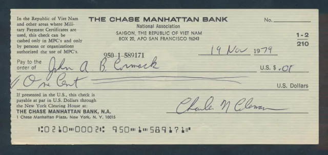 USA: South Vietnam 1970s Chase Manhattan Bk "RARE CHEQUE PAYABLE ONLY IN MPCs"
