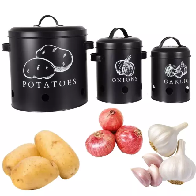 3X Metal Kitchen Storage Container Food Tins Potato, Onion, Garlic Pots with Lid