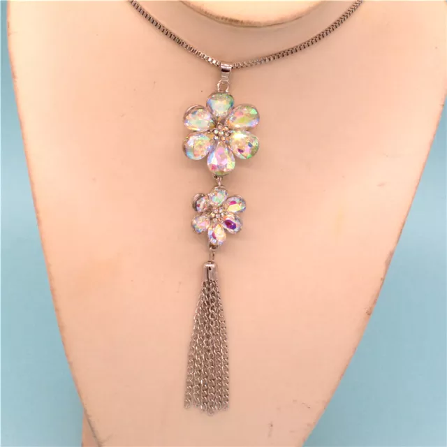 New AB Crystal Flower Bling Tassel Rhinestone Pendant Betsey Johnson Necklace