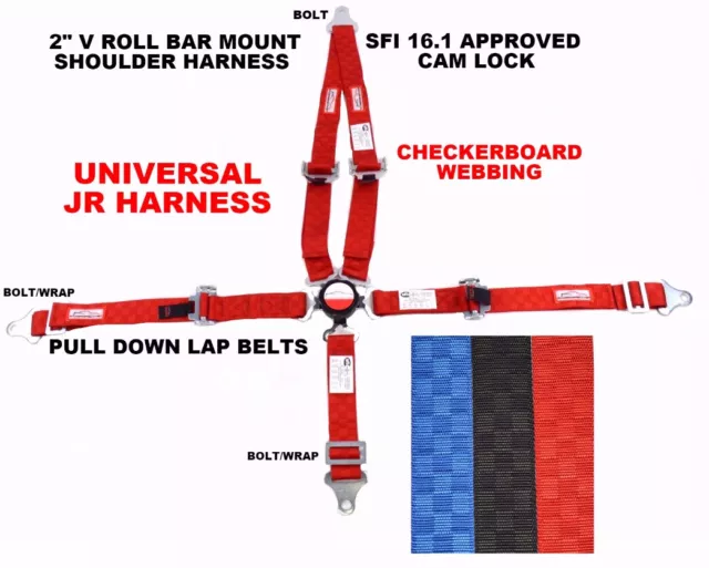 Quarter Midget Universal Racing V Harness 5 Point Cam Lock 2" Sfi 16.1 Red Check