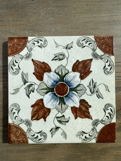 Antique transfer print Victorian Tile Aesthetic Brown Cream Blue