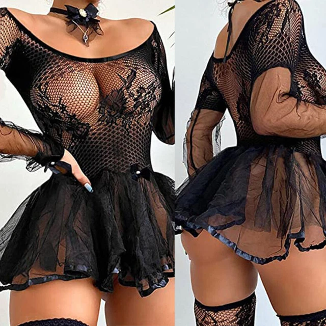 Woman's See-through Mini Tutu Dress Sexy Fishnet Long Sleeve Club Dance Dress