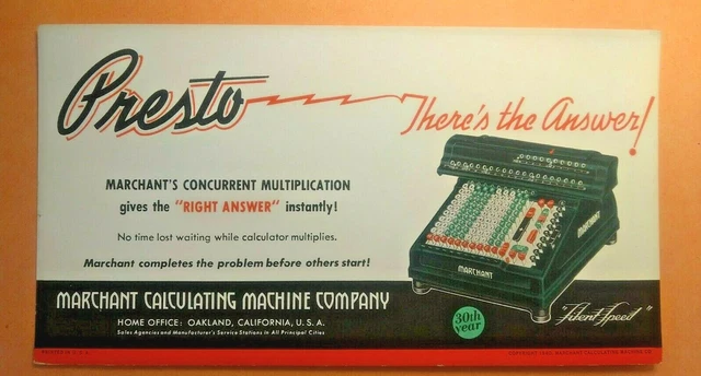 Calculating Machine ink blotter 1940  Oakland CA  Marchant Calculating Mach. Co.