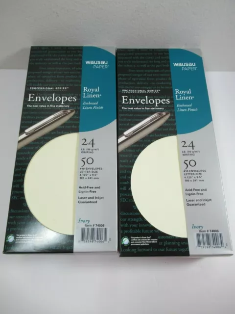 2 Pack New Box Wausau Ivory Envelopes Royal Linen 24 LB #10 Letter Size 50 Each