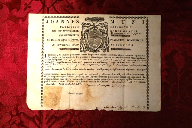 Certificato Per Reliquia Città Di Castello Beata Veronica Giuliani 1831