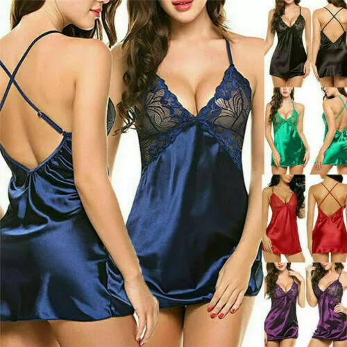 Women Sexy Lingerie Silk Lace Robe Dress Babydoll Nightdress Nightgown Sleepwear