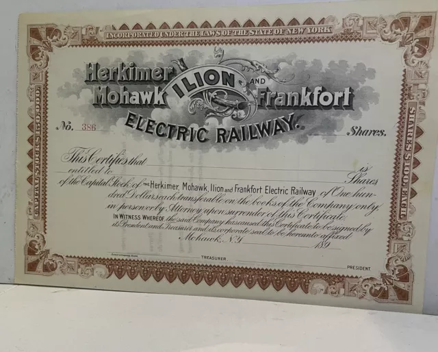 HERKIMER, MOHAWK, ILION & FRANKFORT RAILWAY CO. STOCK Certificate - 1890-1886