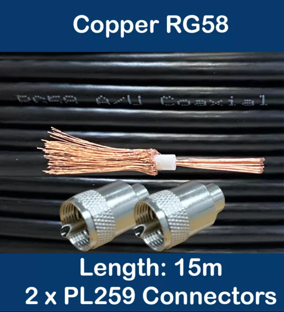 15m Copper Black RG58 50 Ohm Coaxial Cable 2 x PL259 UHF CB Radio Ham Aerial