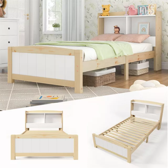 Kids Bed 3FT Single Size Bed Solid Pine Wooden Bed Frame w/Storage Headboard HE