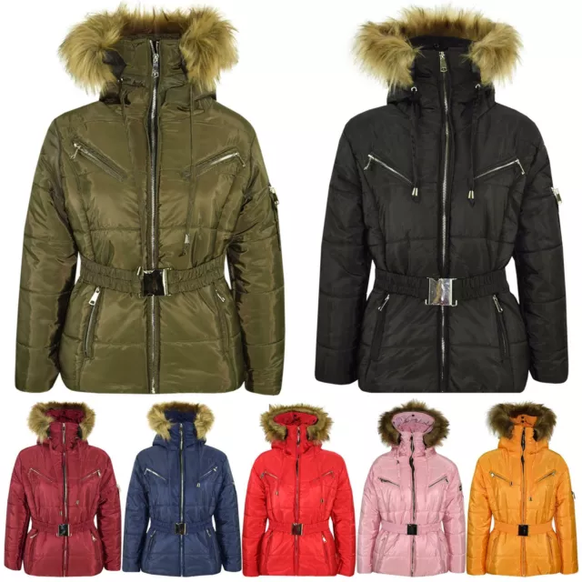 Kids Girls Jacket Puffer Hooded Faux Fur Padded Zipped Belted Slim Fit Warm Coat