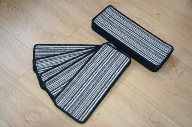 14 Stripey Open Plan Carpet Stair Treads Fancy Stripe Black Pads Large Pads