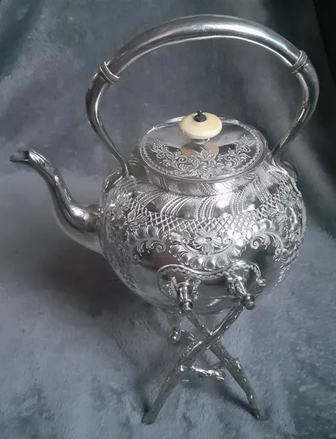Beautifully Embossed Silver Plated Antique Spirit Kettle on Stand